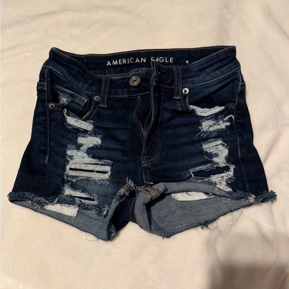 American Eagle Outfitters Women's Ripped Jean Shorts - Dark Blue